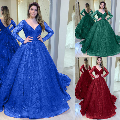 Blue wedding dresses autumn and winter new long-sleeved beaded sequins pendulum dresses sexy V-neck banquet dresses new