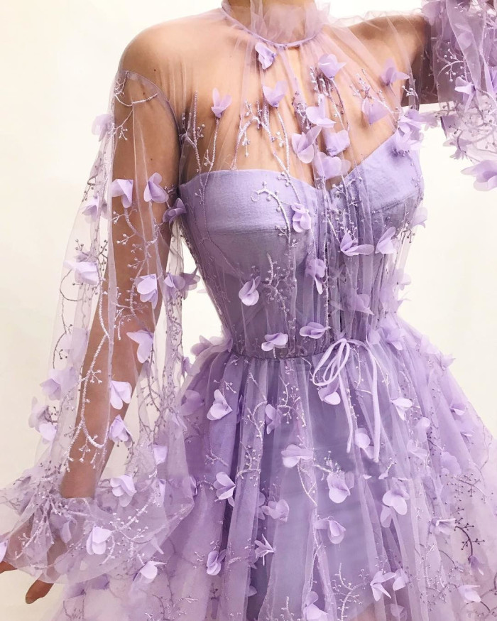 Autumn new long-sleeved dress nightclub purple mesh slim party evening dresses swing dress