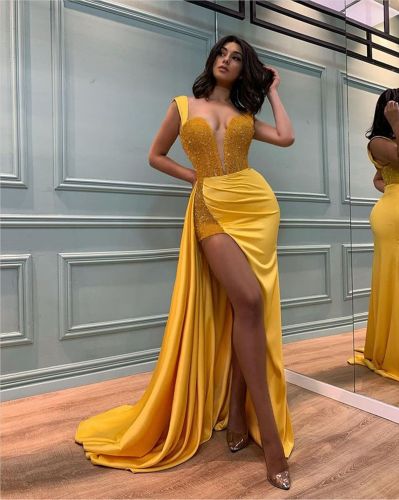 Sequins beaded temperament slim end dignified atmosphere yellow sexy open party dresses package hip evening dress
