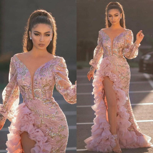 Autumn new sexy mesh trailing sequin open pink evening dress