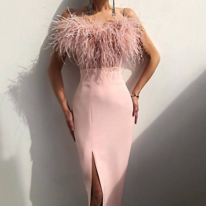 New spring and summer women's halter feather dress banquet Slim temperament thin package arm dress