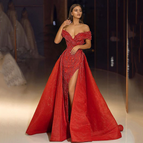 New women's hot gold swing sexy long dress trailing banquet slim evening dress