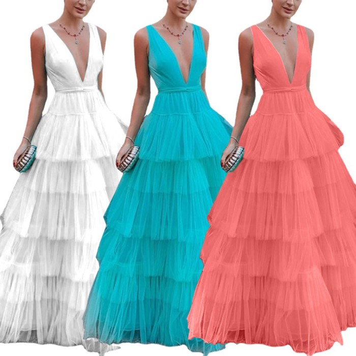 Summer new women's dresses mesh cake dress halter v-neck evening dress