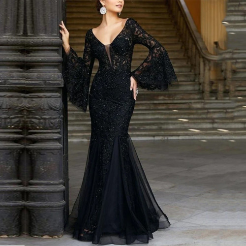 Spring new women's dress lace embroidery fishtail black slim evening dress