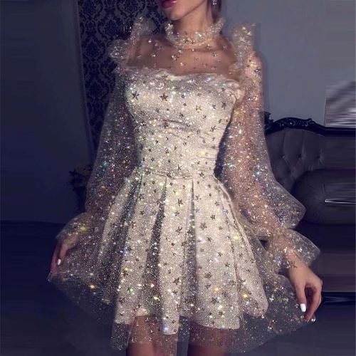 Summer new women's dresses court style mesh sprinkled gold pleated see-through luxury dress