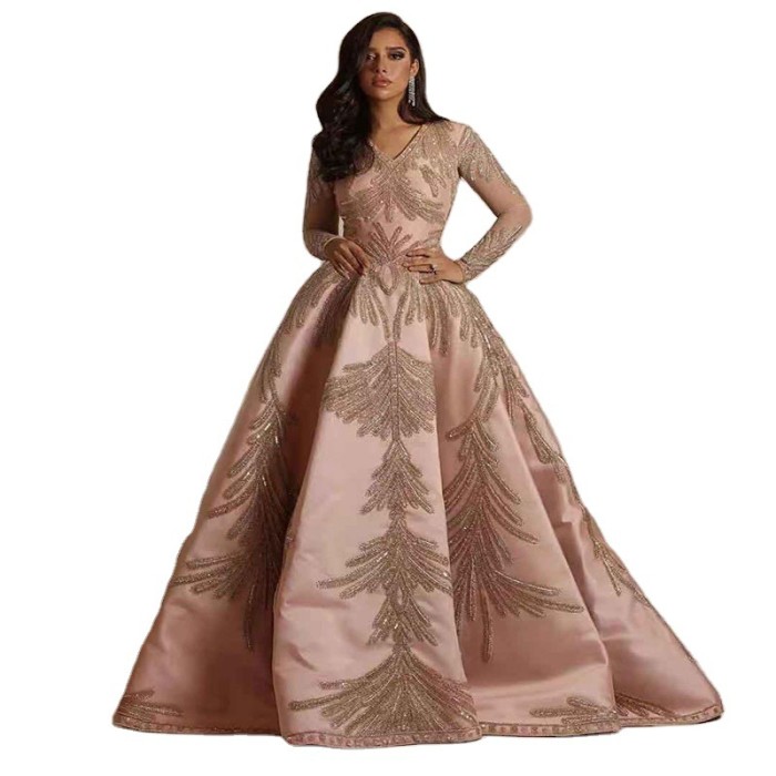Spring new women's hot gold large-sleeved long dress banquet sexy evening dress pink