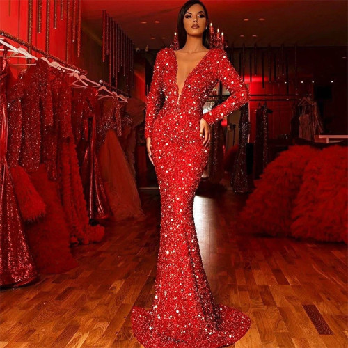 Spring new women's package hip dress fishtail edge red sequins long-sleeved v-neck dress