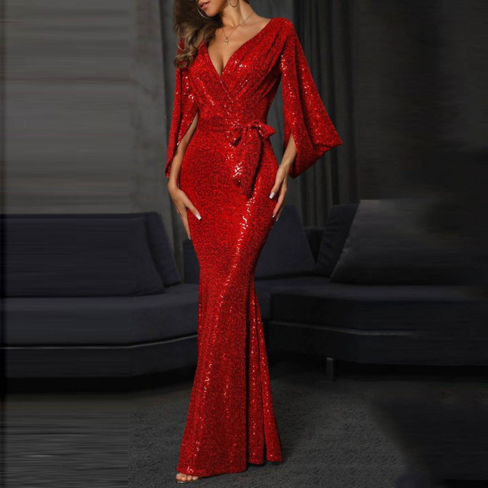 Summer new dresses sexy open solid color sequins long drag evening dress