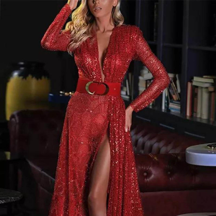 Spring and summer new sexy dress open solid color sequins long drag evening dresses long dress