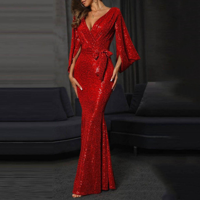 Summer new dresses sexy open solid color sequins long drag evening dress