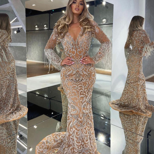 Spring new women's evening dresses female fishtail sprinkled gold tassel elegant sexy long dress gown
