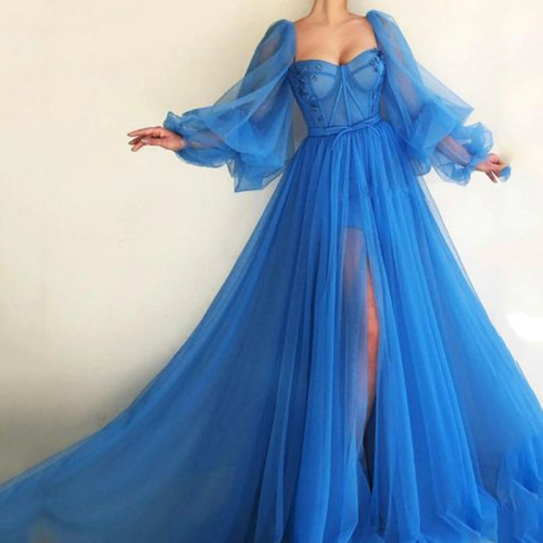 New women's one-shoulder mesh long-sleeved wedding dresses big swing dresses new