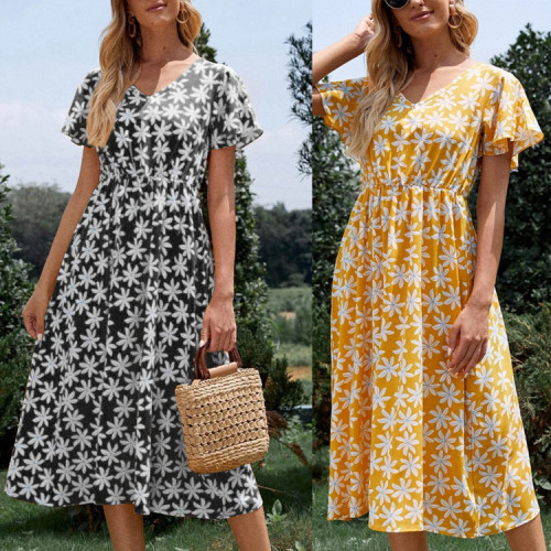 Spring and autumn new casual wind floral print dress long dress