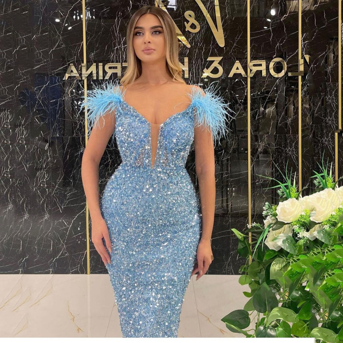 Spring and summer new women's deep V sequin sexy evening dresses feather sequins sleeveless dresses long dress