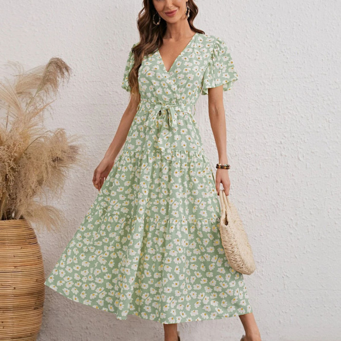 Spring and autumn new casual wind floral print dress long dress