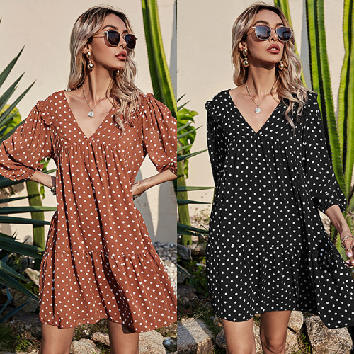 New fashionable and versatile V-neck short-sleeved thin polka dot print chiffon dress