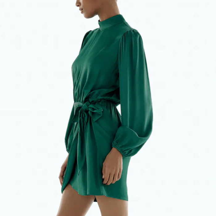 Temperament commuter solid color printing high collar chiffon women's dresses new
