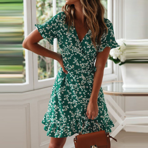 Summer V-neck retro print high-waisted chiffon A-line short-sleeved dress