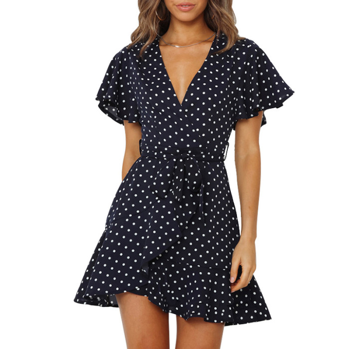 Fashionable and versatile polka dot print ladies chiffon irregular dresses