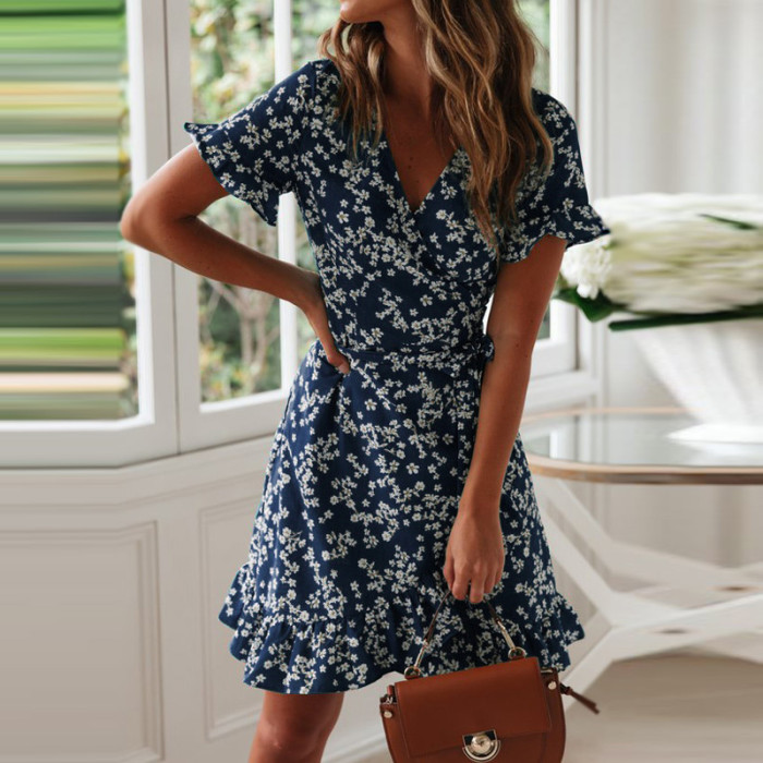 Summer V-neck retro print high-waisted chiffon A-line short-sleeved dress