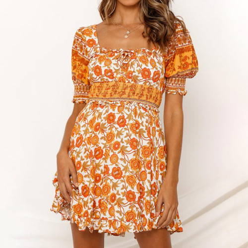 New summer casual female floral square neck chiffon dress