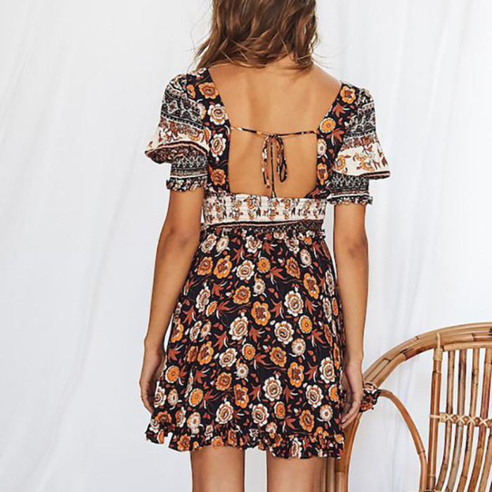 New summer casual female floral square neck chiffon dress