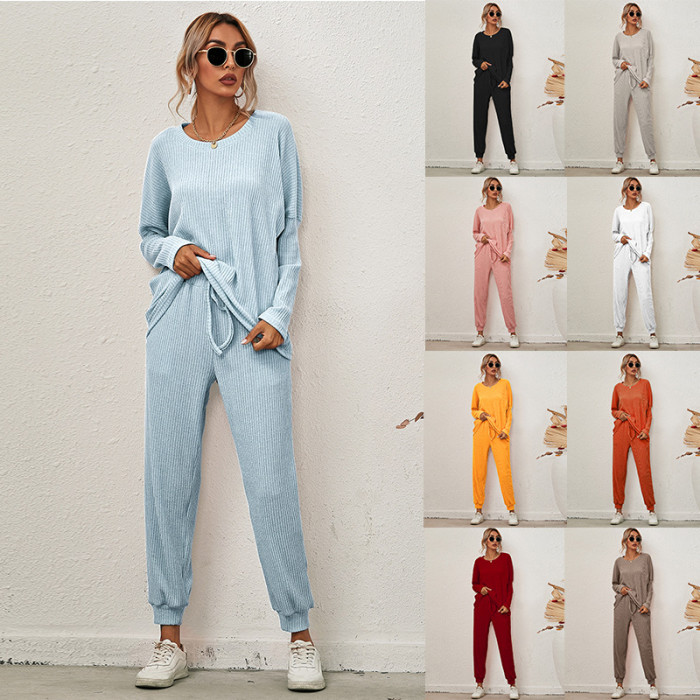 Solid color long-sleeved loose casual set of loungewear pajamas for women