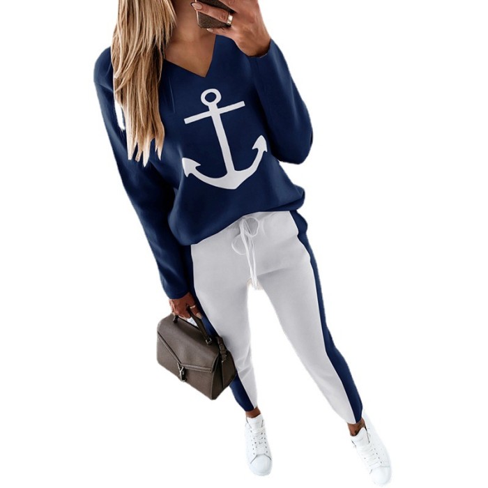 Anchor print long sleeve V-neck fashion casual suit