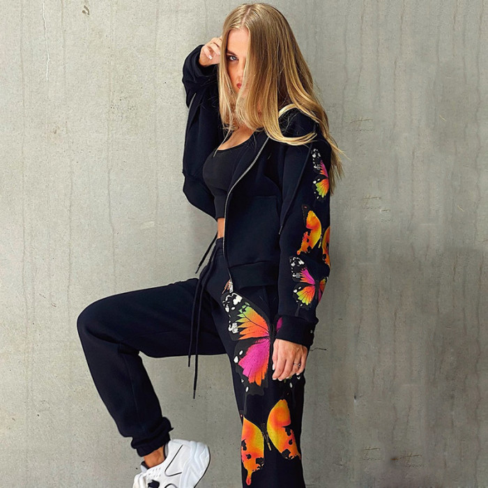 The new butterfly print long-sleeved hooded zipper casual sweater suit women