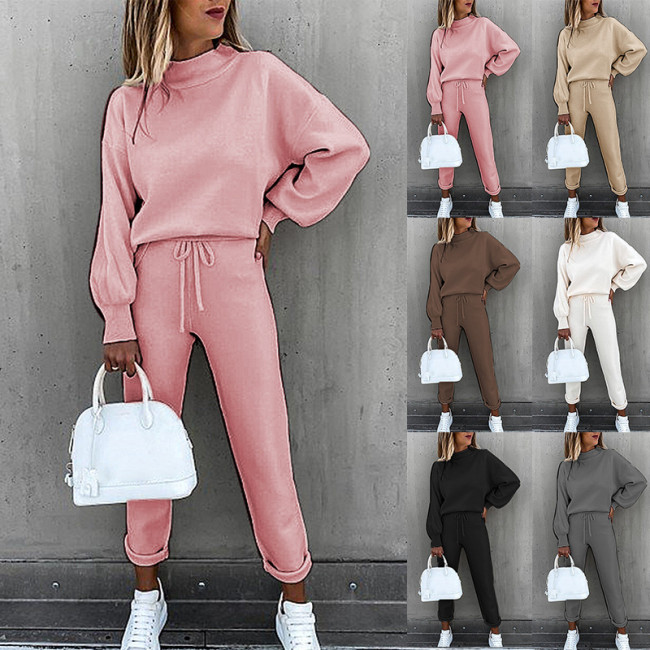 Spring new women's solid color high-collar long-sleeved casual suit