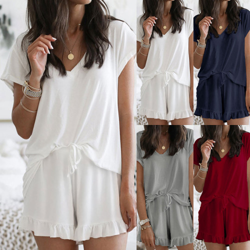 Summer women's new home wear two V-neck solid color casual suit
