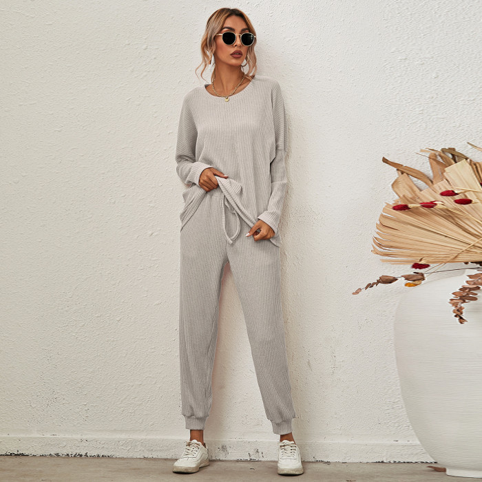 Solid color long-sleeved loose casual set of loungewear pajamas for women
