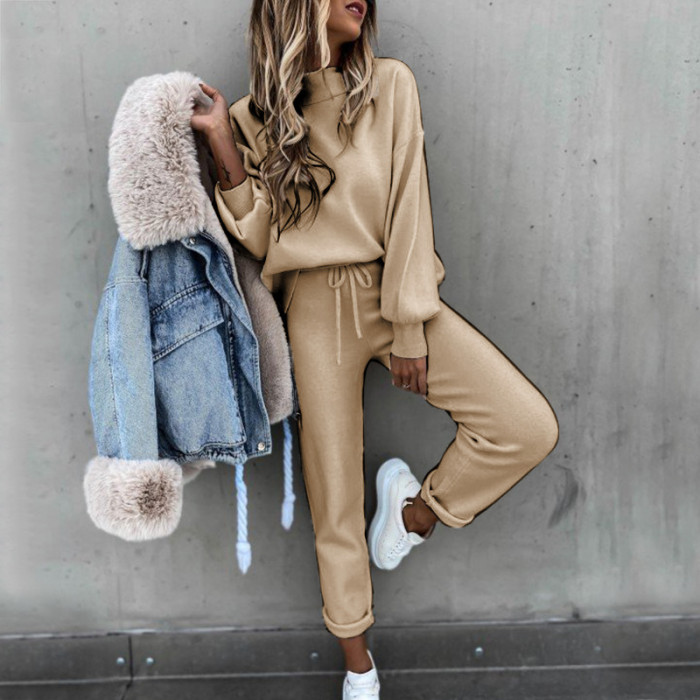 Spring new women's solid color high-collar long-sleeved casual suit