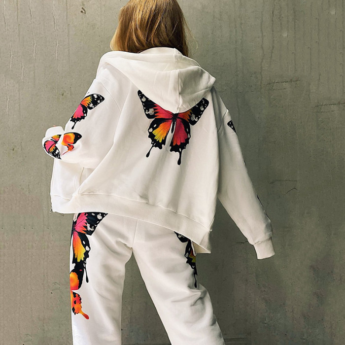 The new butterfly print long-sleeved hooded zipper casual sweater suit women