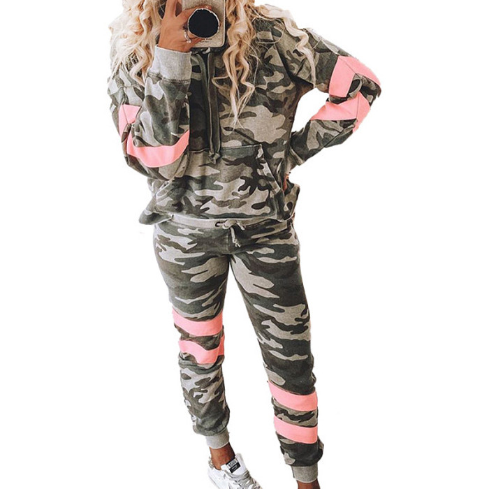 Camouflage print long sleeve hooded casual home sports suit sweatshirt female