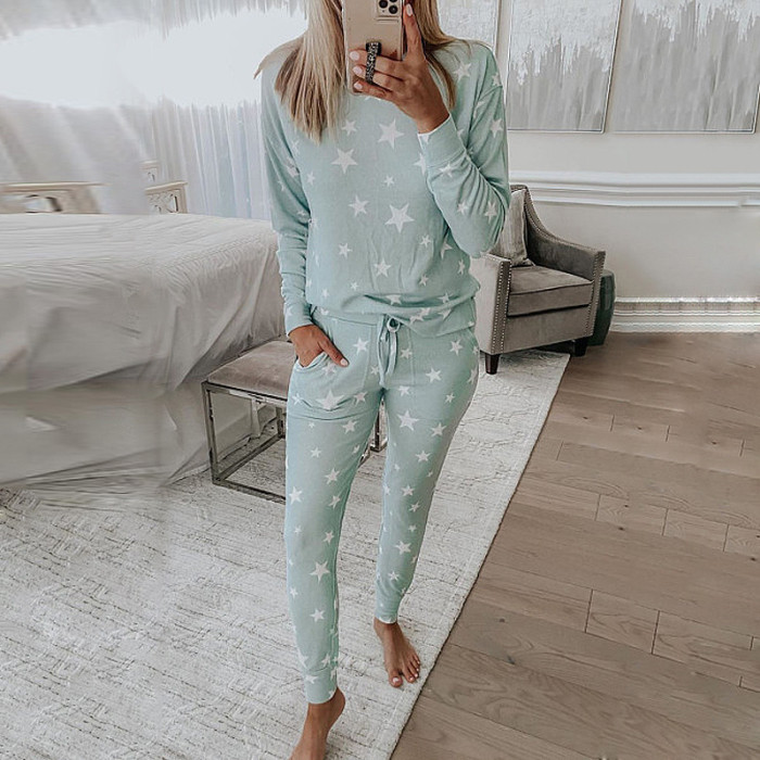 Printed long-sleeved casual loungewear suit pajamas for women