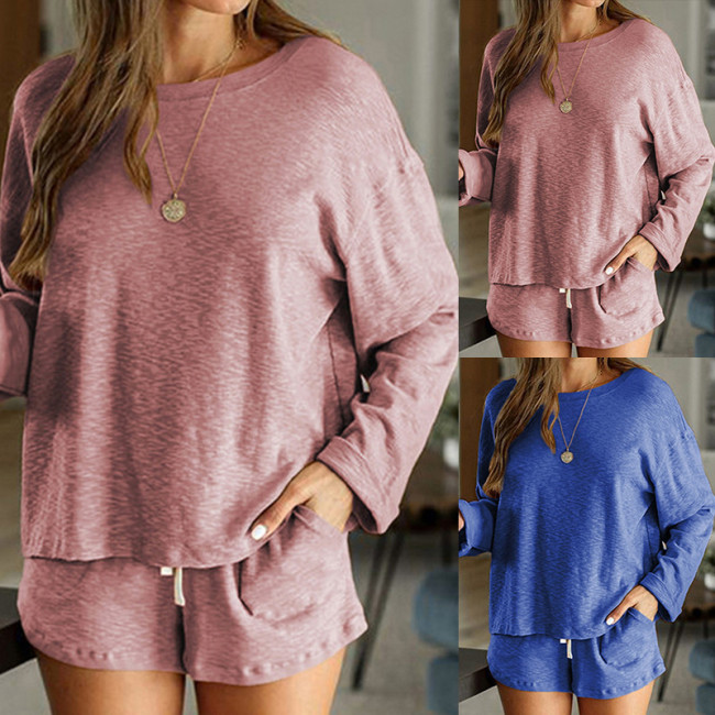 The new casual pajamas set female round neck solid color home wear
