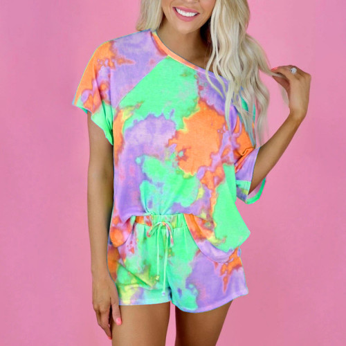 Tie-dye print short-sleeved round neck fashion casual home set female