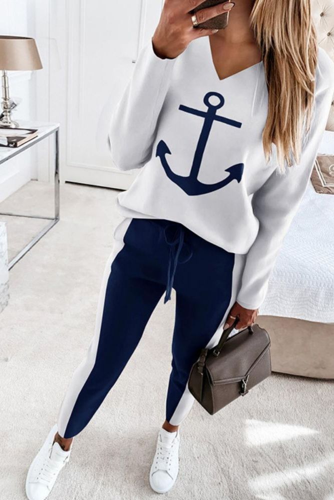 Anchor print long sleeve V-neck fashion casual suit