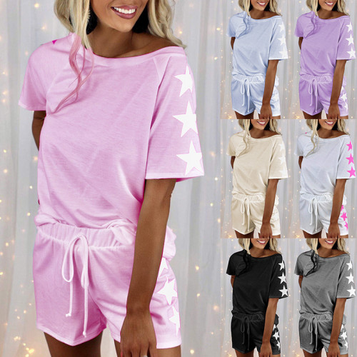 Printed short-sleeved round neck fashion casual set of loungewear pajamas for women