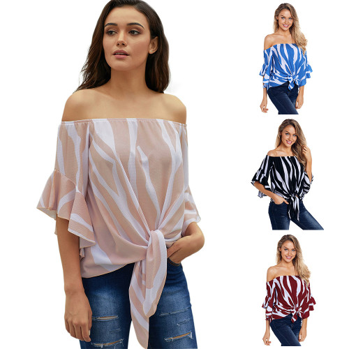 Sheath a neck flared chiffon shirt seven-point sleeve vertical stripes strapless casual tops