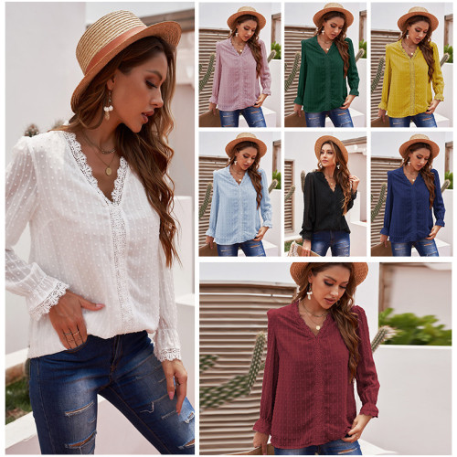 New long-sleeved lace shirt female loose V-neck solid color pullover top T-shirt