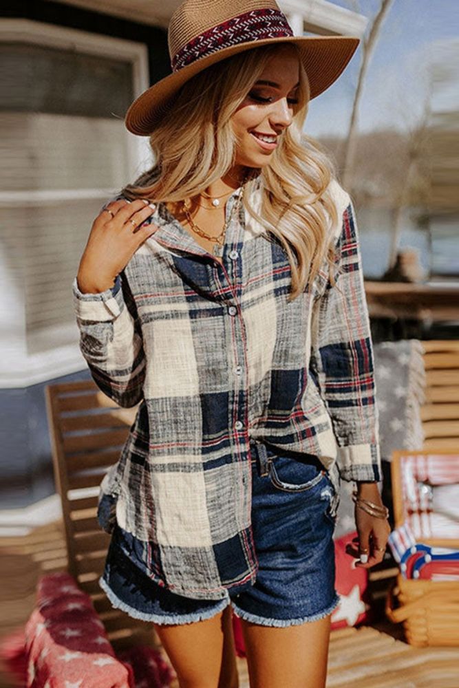 Spring and autumn new plaid shirt female retro do old lapel long-sleeved blouse