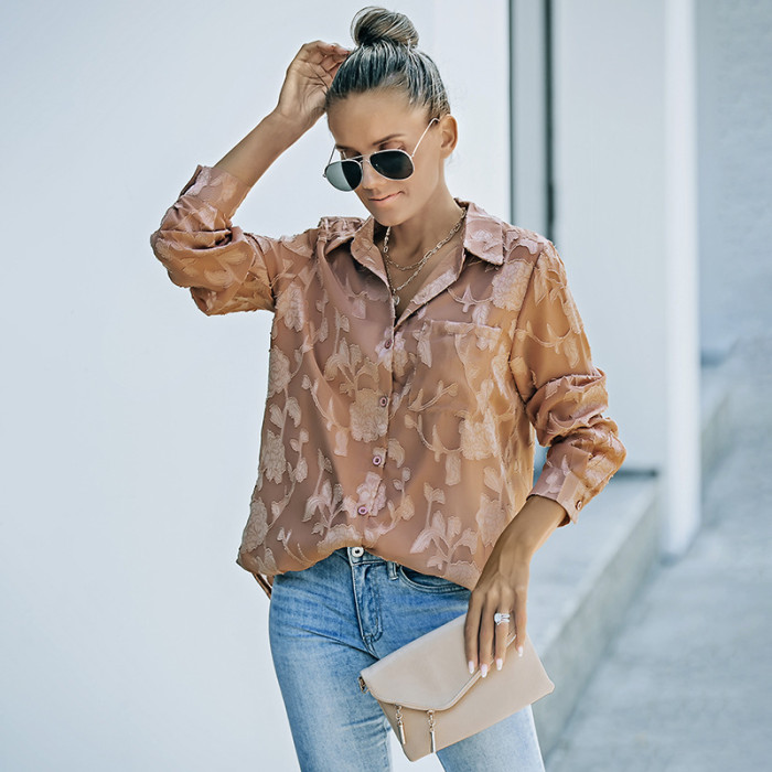 The new lace tulle long-sleeved shirt female loose casual chiffon shirt