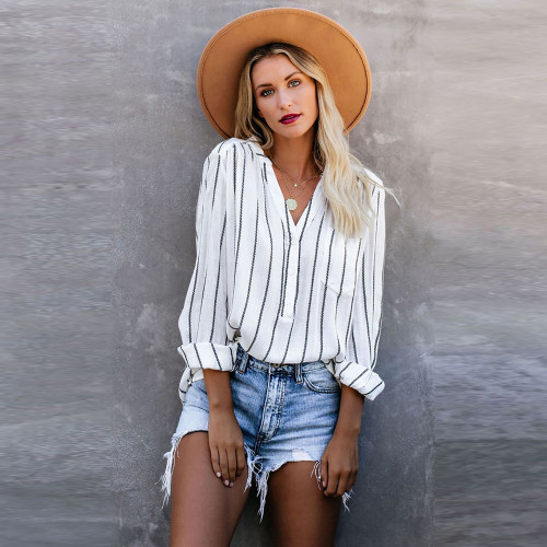 Women's striped shirt loose long-sleeved half placket button-down blouse