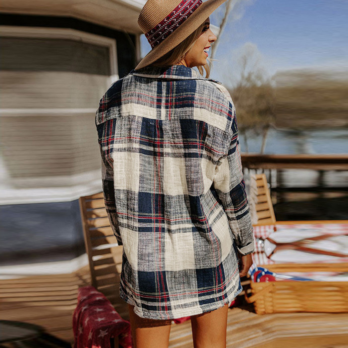 Spring and autumn new plaid shirt female retro do old lapel long-sleeved blouse