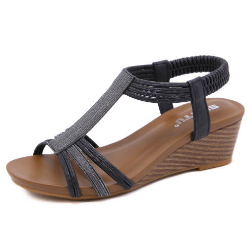 Gold powder slope with elastic straps large size female sandals