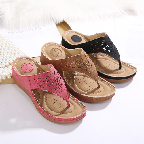 Retro round head clip toe sandals female car line non-slip slope with hollow large size comfortable sandals