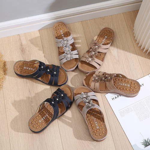 Retro round head casual sandals female car line anti-slip slope with embroidery line sandals