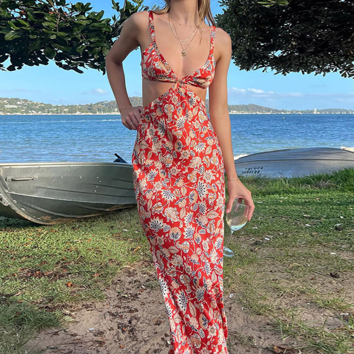 Temperament halter long dress vacation beach sexy floral beach backless dress